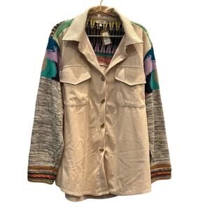 a.peach – Patchwork Knit Sleeve Corduroy Shacket – Beige Multi – Size Small